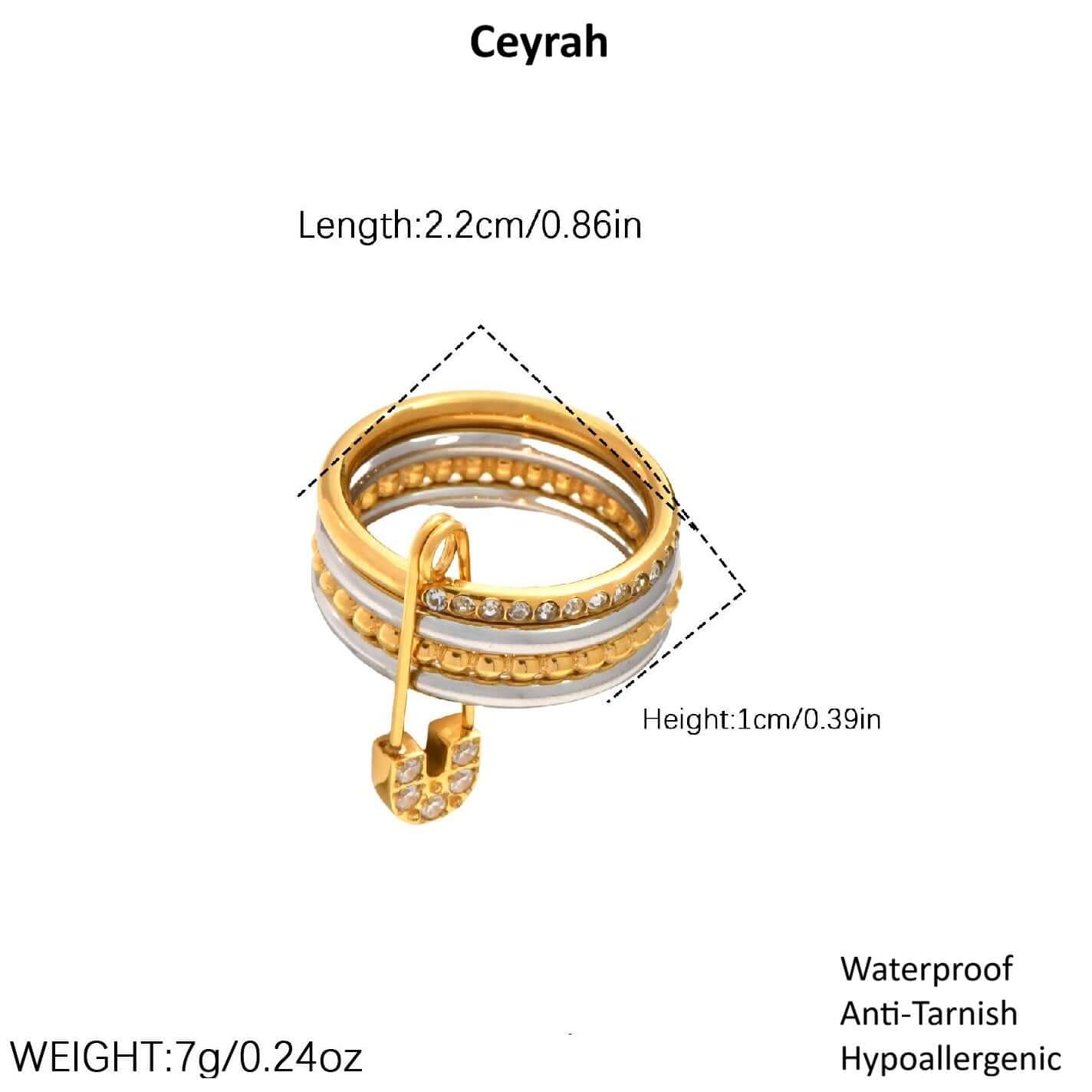 Layered Gold & Silver Safety Pin Ring and measurement details on a white background