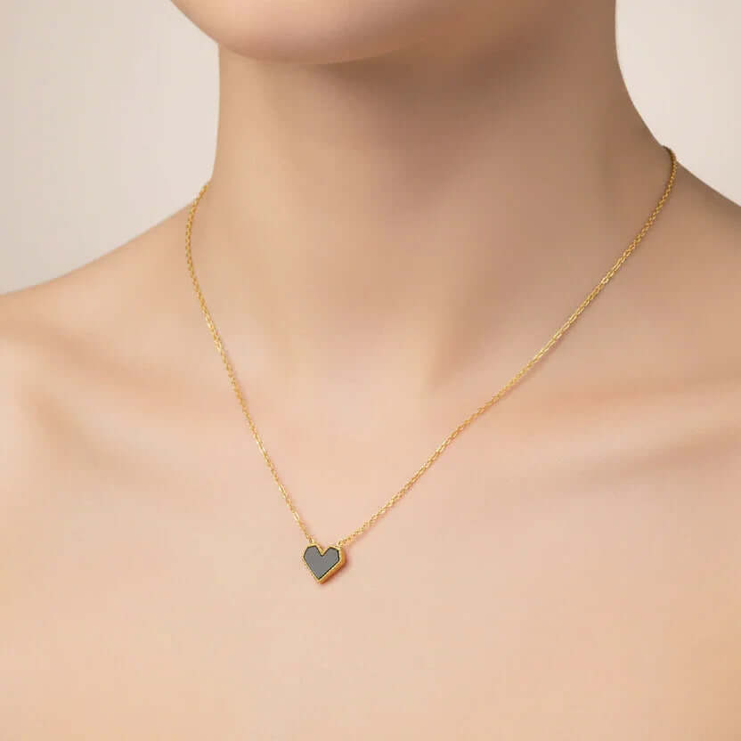 Mini Black Heart Necklace Gold on model, Ceyrah jewelry