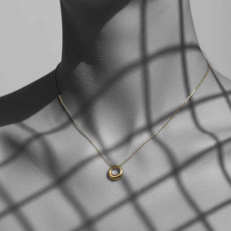 Mini gold Circle Pendant Necklace on model