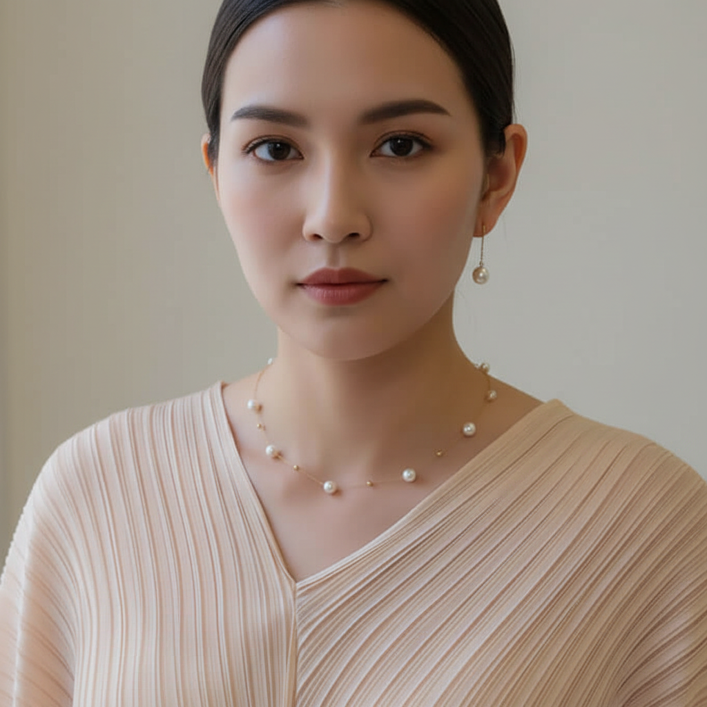 Elegant woman wearing a Ceyrah gold chain pearl necklace with a pleated beige top