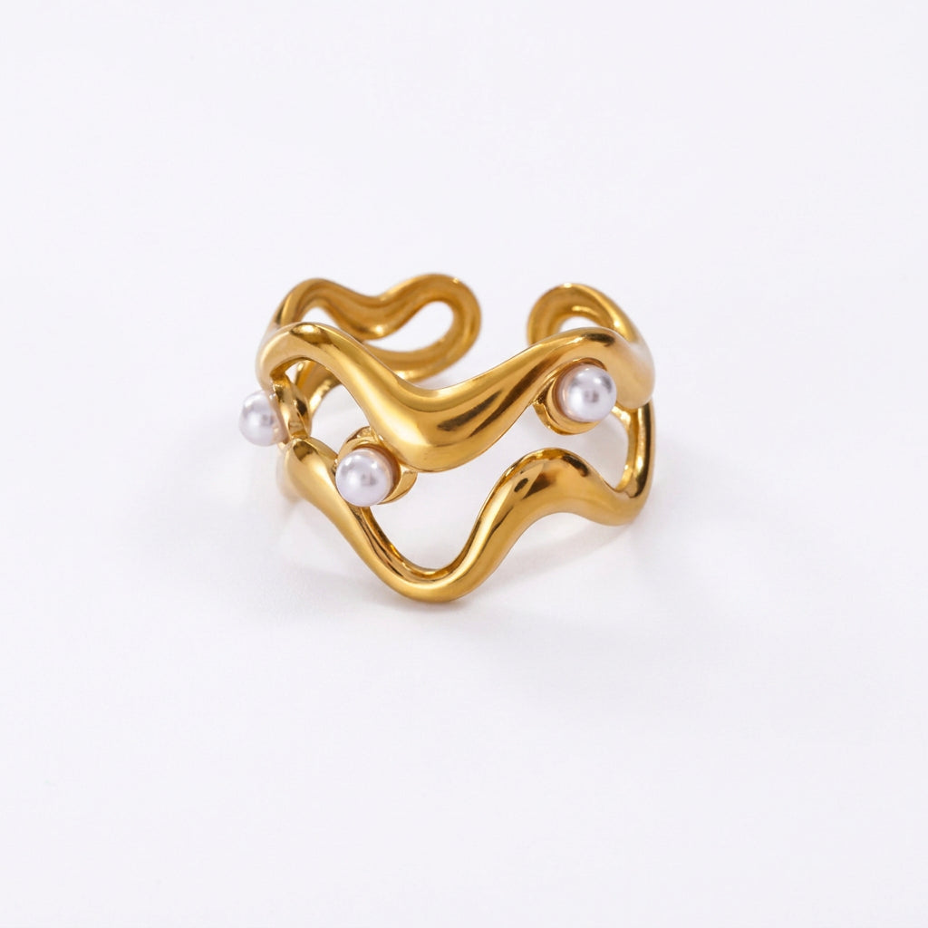 Gold Pearl Wave Adjustable Ring