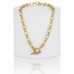 OT Clasp Chain Necklace Gold on white on pedestal