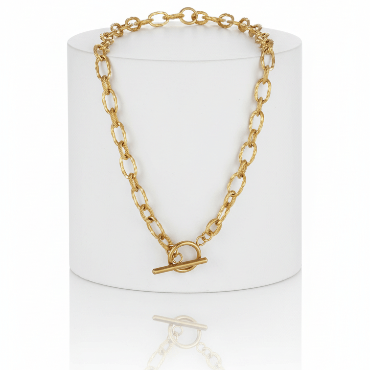 OT Clasp Chain Necklace Gold on white on pedestal