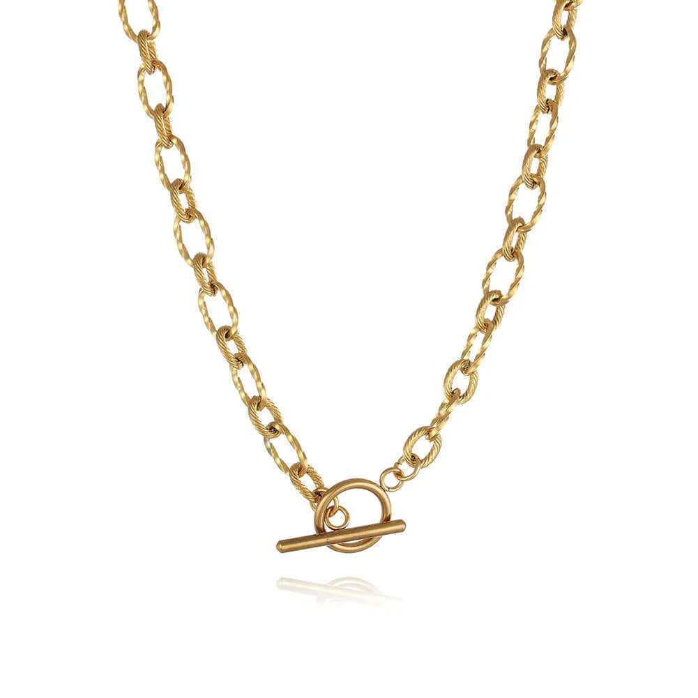 OT Clasp Chain Necklace Gold with textured oval links and toggle clasp, Ceyrah jewellery