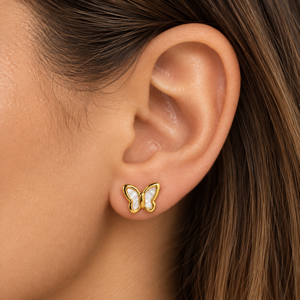 Gold White Inlay Butterfly Stud Earrings