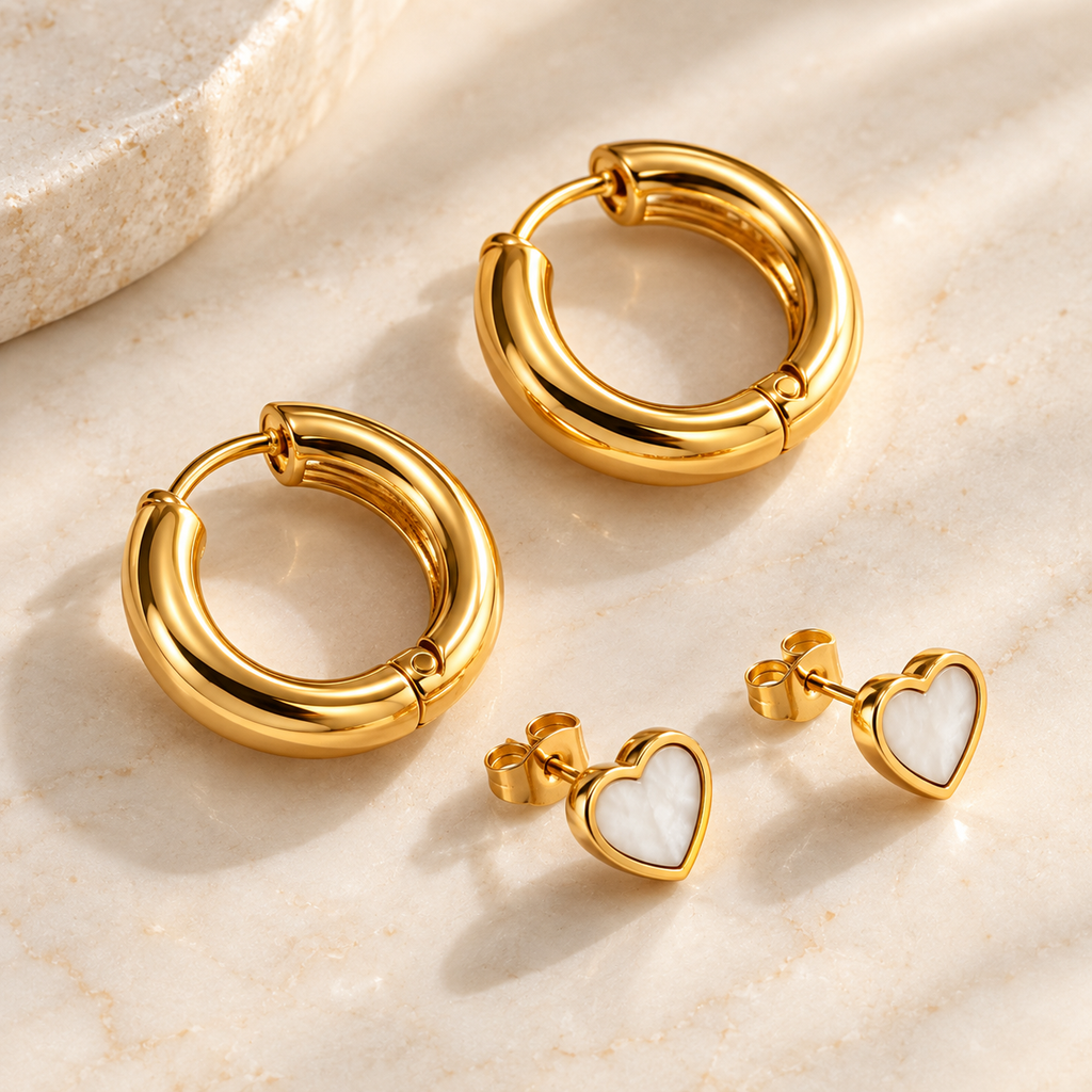 Gold White Inlay Heart Studs & Huggie Hoop Earring Set