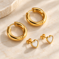 Gold White Inlay Heart Studs & Huggie Hoop Earring Set