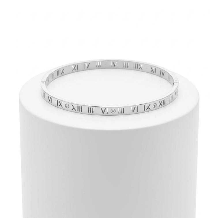 Roman Numeral Bangle with Zircon Accents silver on white pedestal