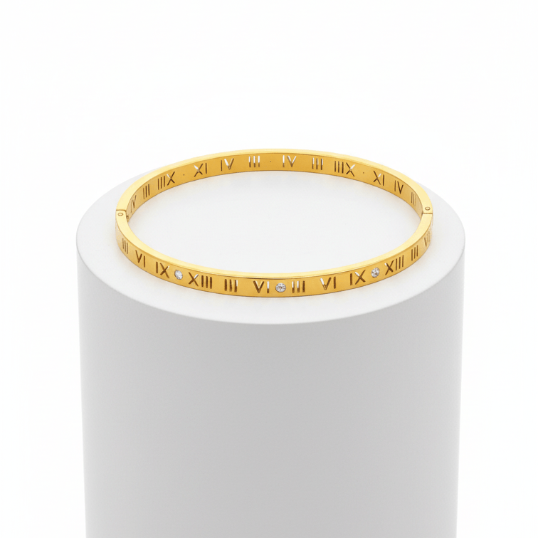 Roman Numeral Bangle with Zircon Accents gold on white pedestal