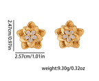gold floral shaped stud earrings with measurements and weight on a white background