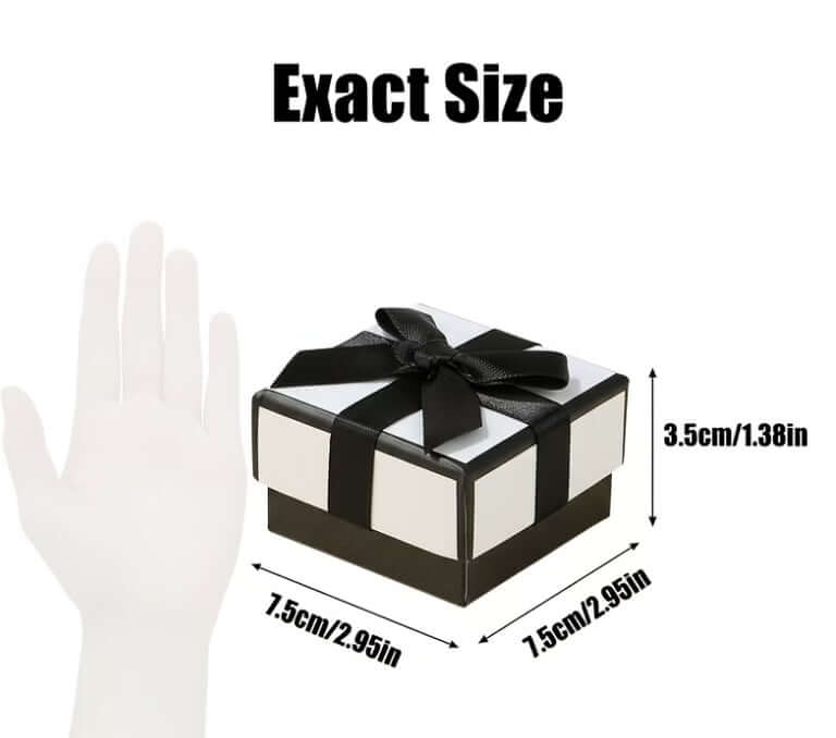 Black and white gift box with ribbon, jewelry box dimensions 7.5cm x 7.5cm x 3.5cm