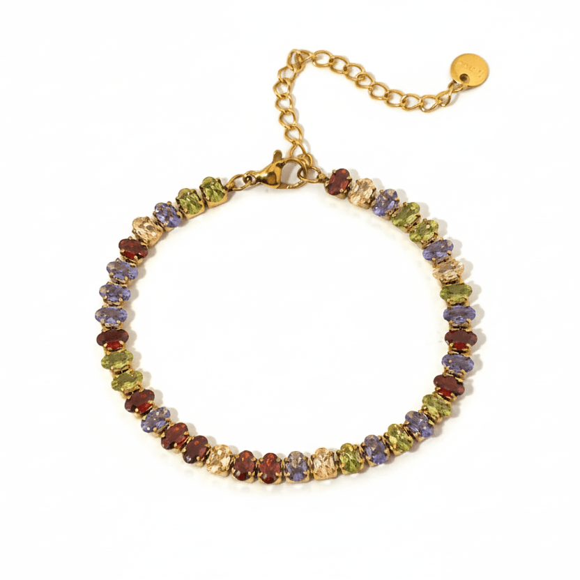Gold Colour Gemstone Bracelet featuring colorful jewel-tone beads and polished gold chain for a stylish look.