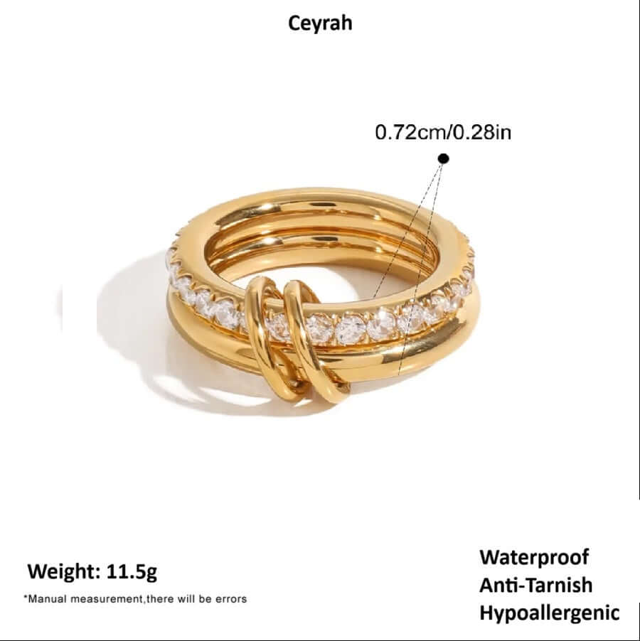 Double Layered Gold Gemstone Ring with clear stones and decorative loops, perfect for everyday wear.