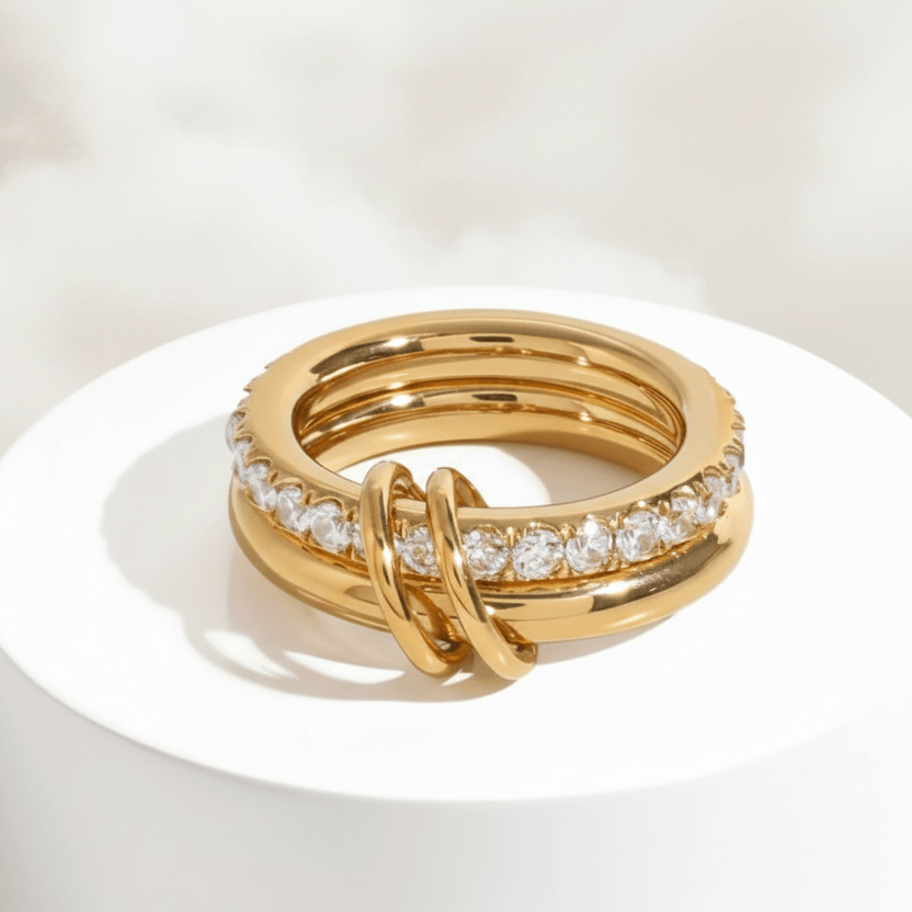 Double Layered Gold Gemstone Ring featuring a polished gold band and clear stones, perfect for everyday wear.