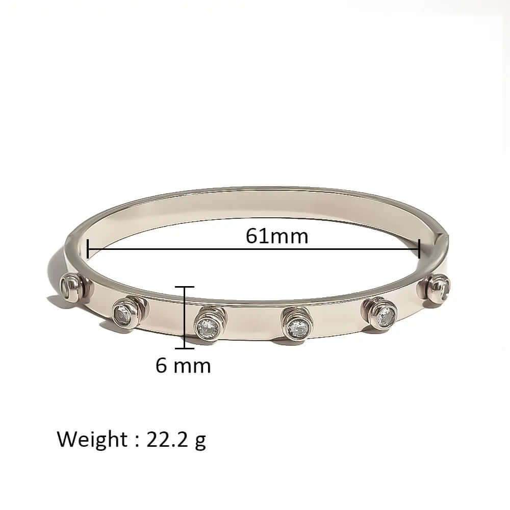 Silver Crystal Stud Bangle Bracelet, 61mm diameter, 6mm width, 22.2g weight