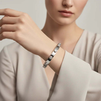 Elegant woman wearing Ceyrah Silver Crystal Stud Bangle Bracelet