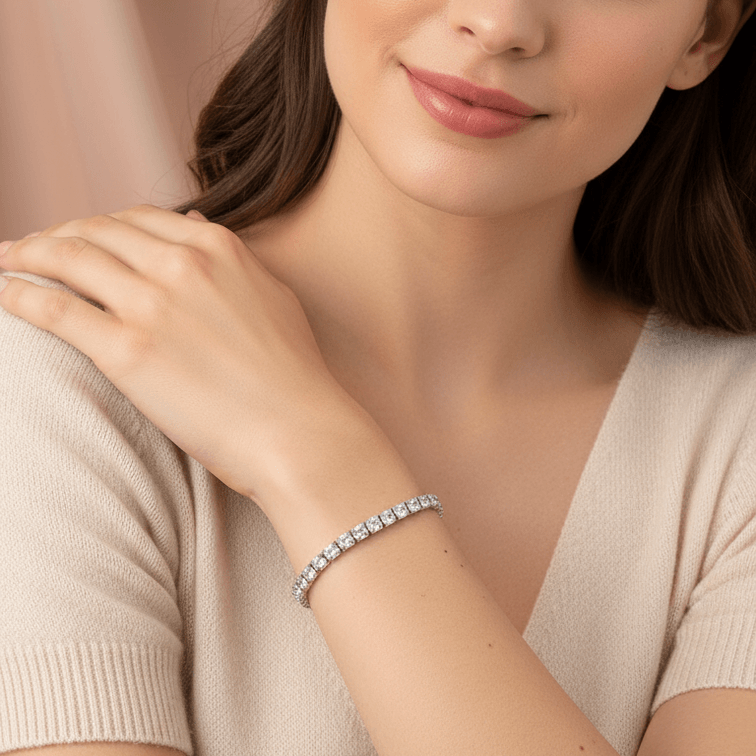 Woman wearing a Silver Crystal Tennis Classic Bracelet on a neutral background