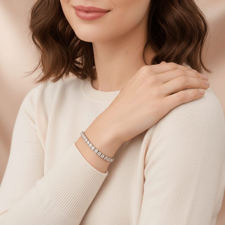 Woman wearing a Silver Crystal Tennis Classic Bracelet on a beige background