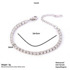 Silver Crystal Tennis Classic Bracelet with diamond-like stones on a white background, showing measurements and product details.