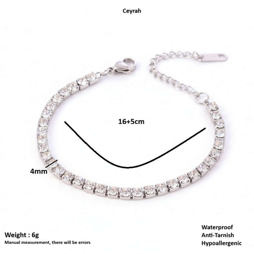 Silver Crystal Tennis Classic Bracelet with diamond-like stones on a white background, showing measurements and product details.