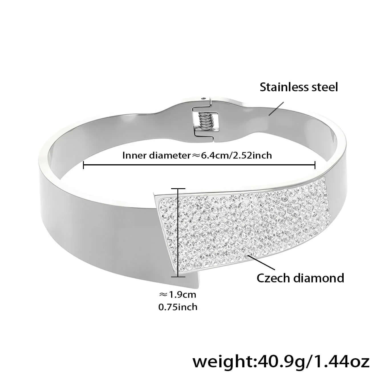 Ceyrah stainless steel Silver Czech Diamond Open Cuff Bracelet, 6.4cm diameter.
