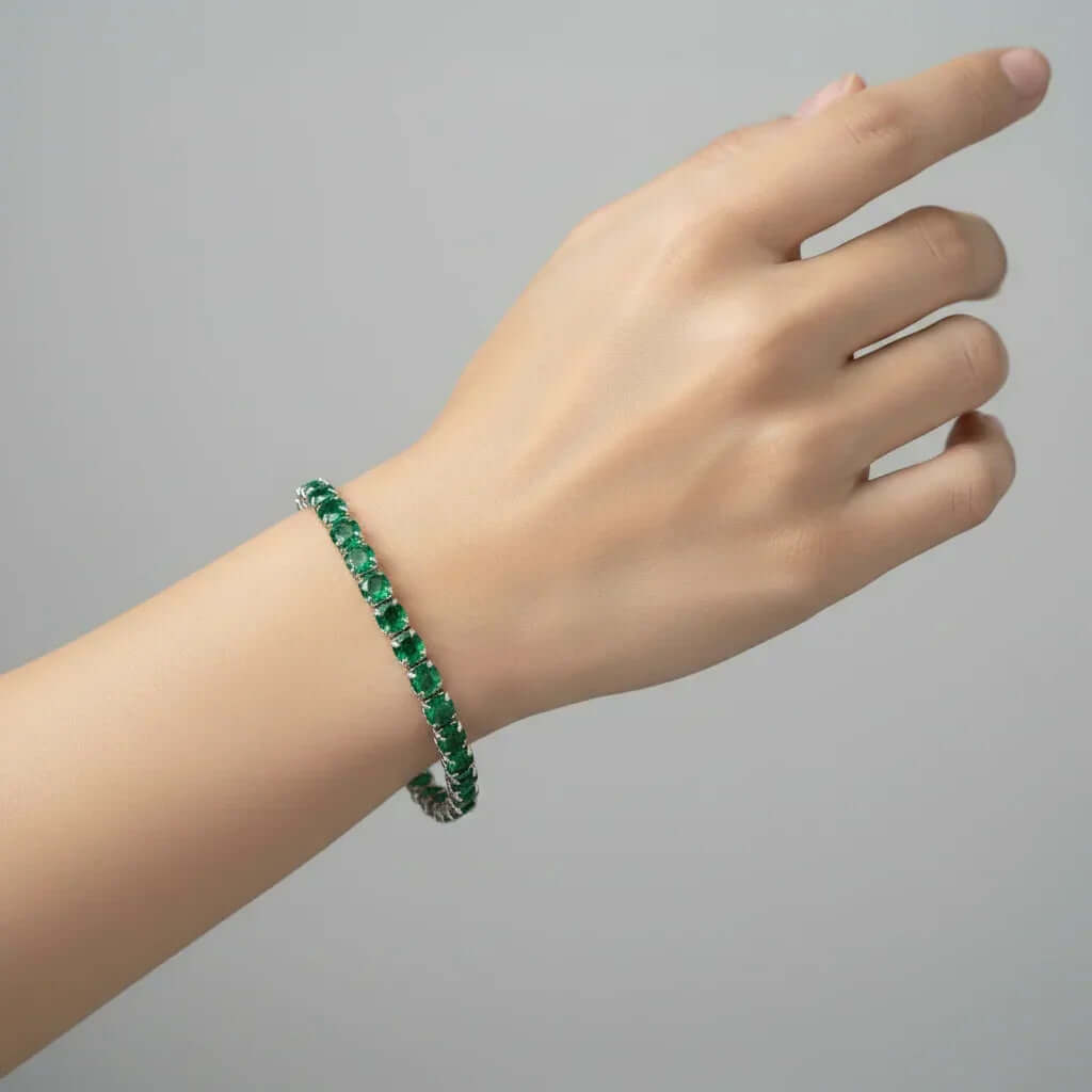 Emerald Green Tennis Bracelet Silver clasp on wrist, Ceyrah jewellery
