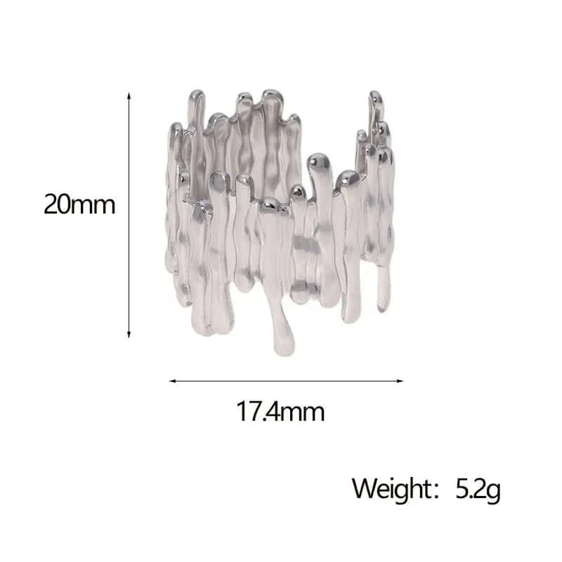 Ceyrah Silver Molten Texture Ring adjustable ring, 20mm tall, 17.4mm wide, 5.2g weight