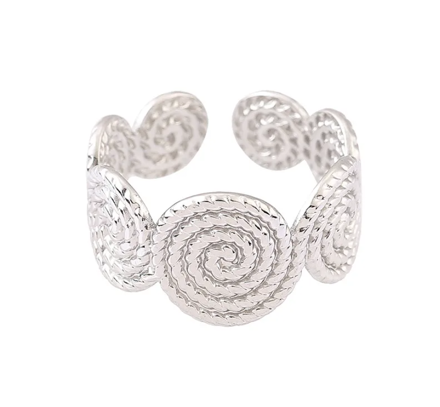 Silver Spiral Adjustable Ring on plain background