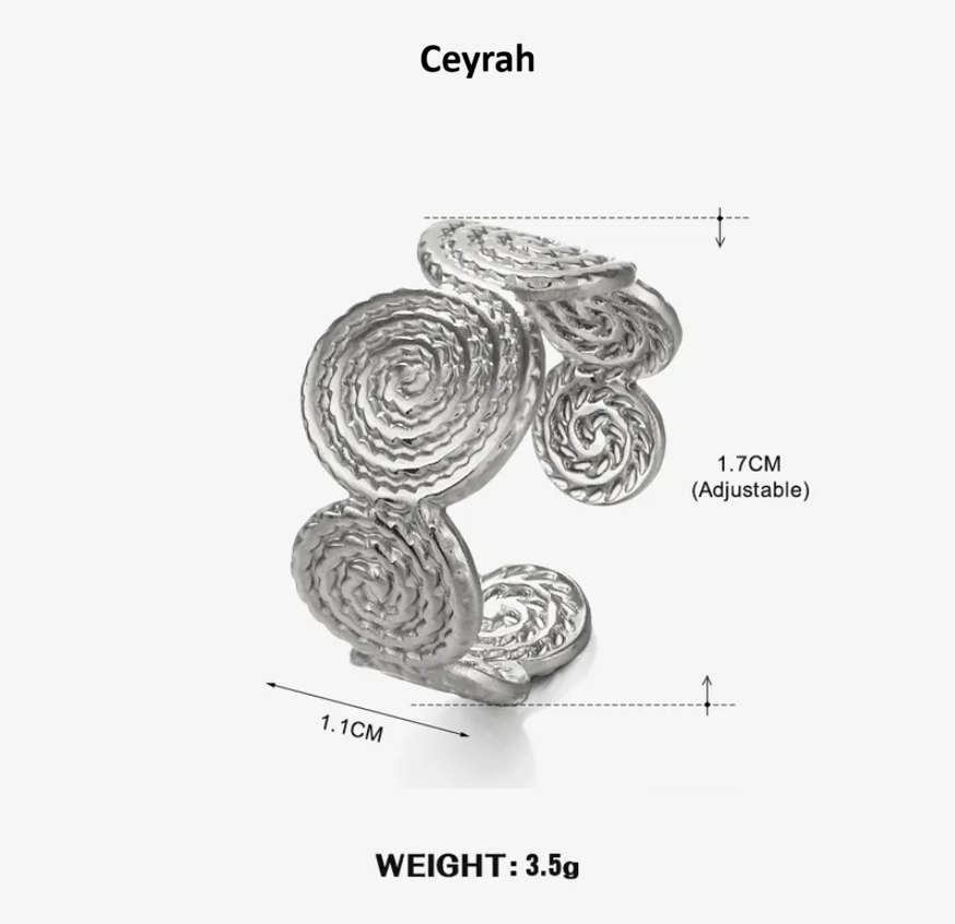 Silver Spiral Adjustable Ring with measurements
