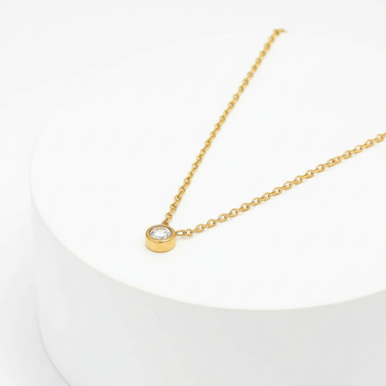 Single Diamond Necklace Gold on side angel