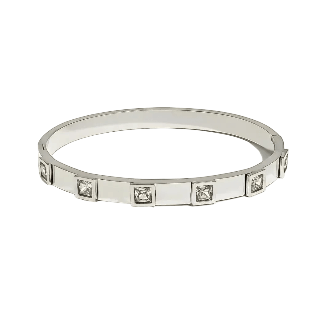 Ceyrah Silver Square Crystal Bangle Bracelet on plain background