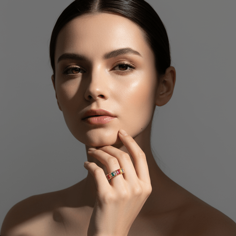 Woman wearing a Spectrum Baguette Eternity Ring on a gray background