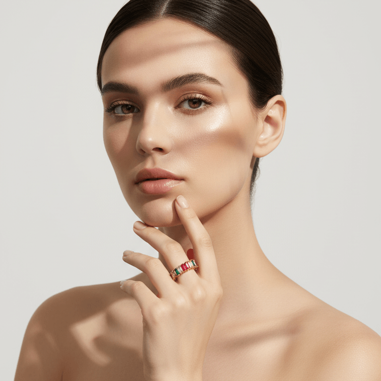 Woman wearing a black off-shoulder top with Spectrum Baguette Eternity Ring a neutral background