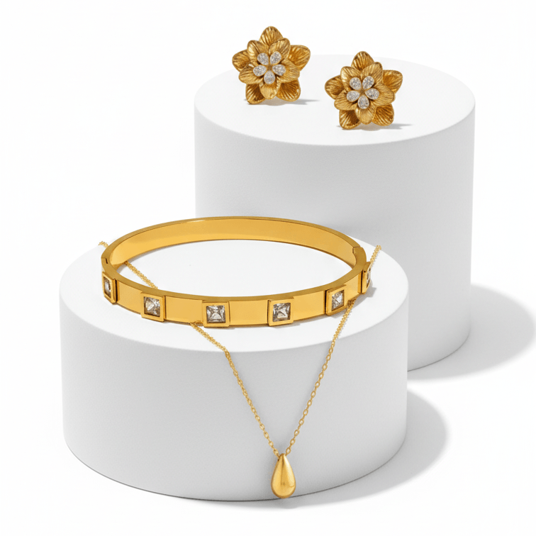 Square Crystal Bangle Bracelet with drop necklace and flower earrings