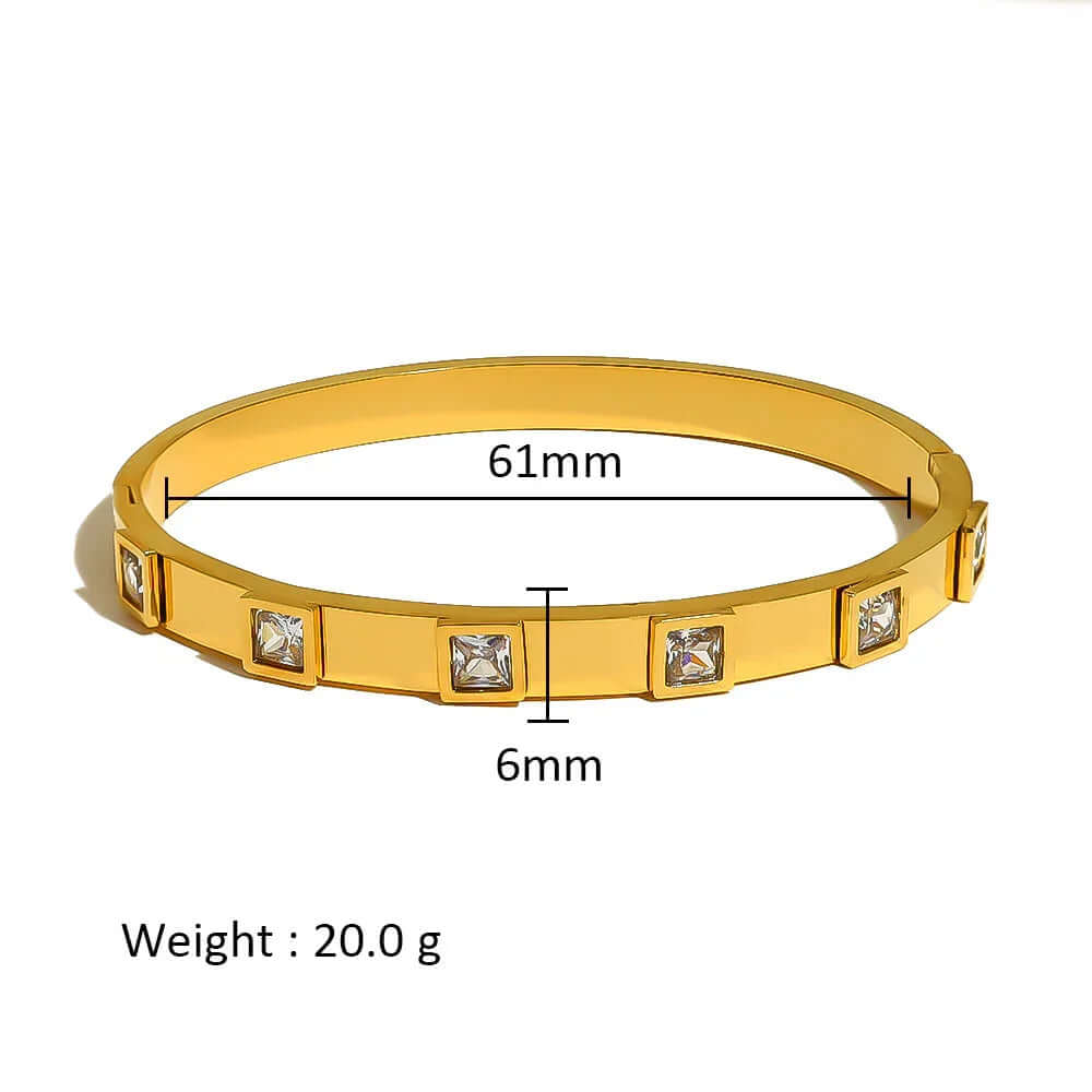 Ceyrah gold Square Crystal Bangle Bracelet, 61mm diameter, 6mm width, 20g weight
