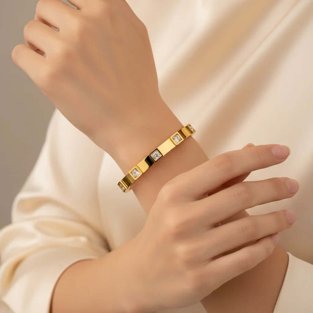 Elegant gold Square Crystal Bangle Bracelet, Ceyrah jewellery collection