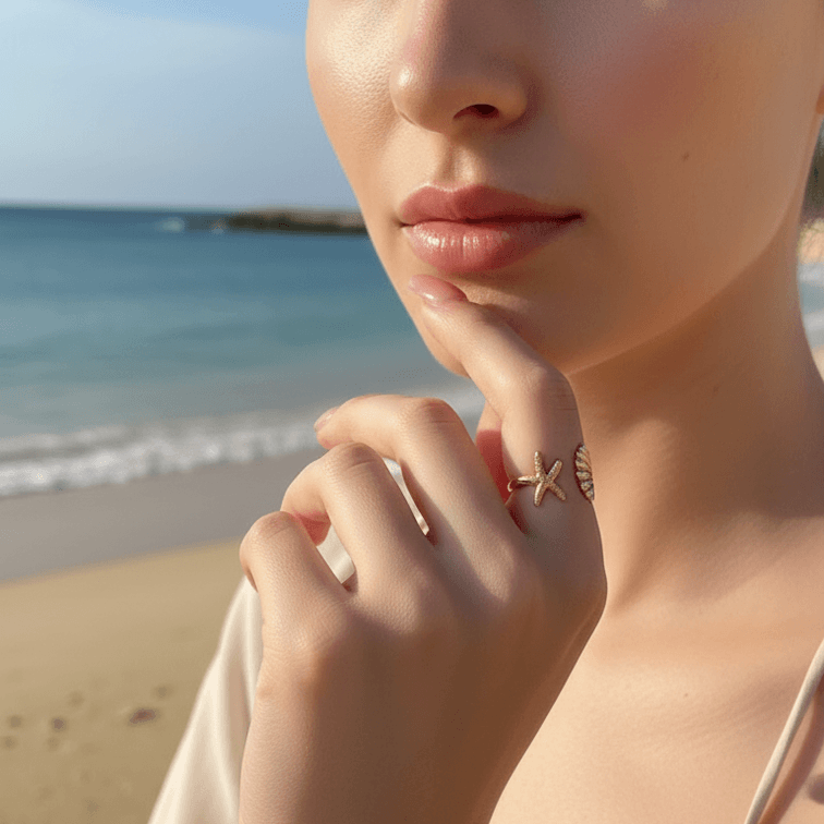 Close-up of a woman's hand with a Starfish & Shell Open Ring Gold on a beach.
