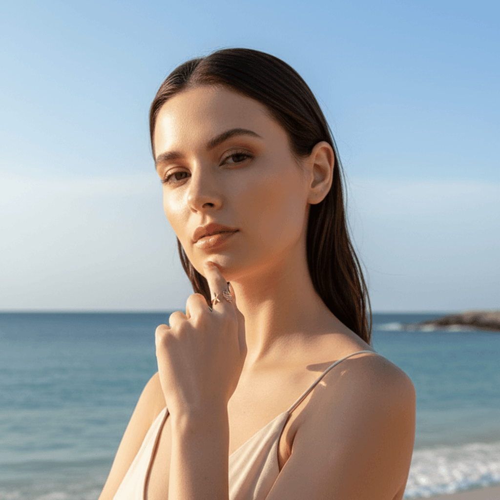 Woman on a beach with ocean and clear sky in the background wearing Starfish & Shell Open Ring Gold