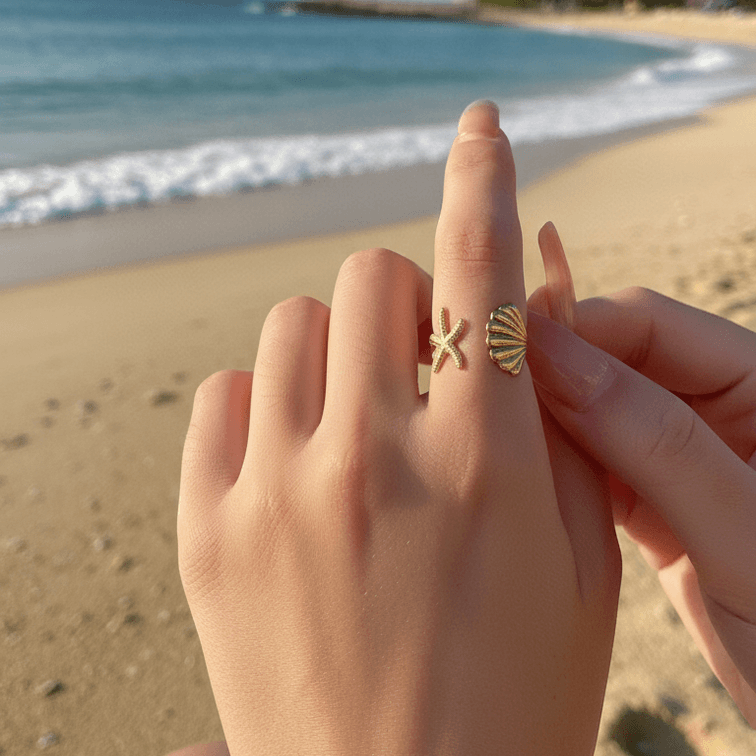 Hand wearing a Starfish & Shell Open Ring Gold with a starfish design on a beach