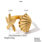 Starfish & Shell Open Ring Gold with starfish and shell design, showing measurements and product details.