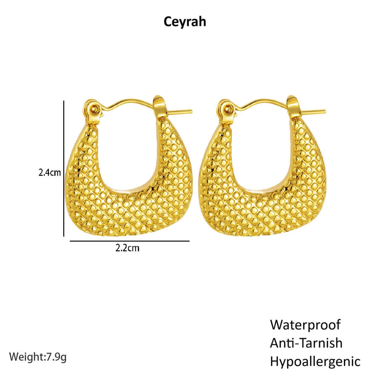 Textured Gold Crescent Hoop Earrings with measurements