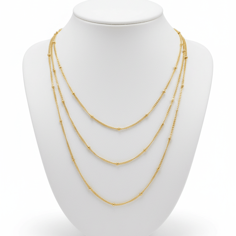 Three-layer Beaded Chain Necklace Gold on jewellery stand