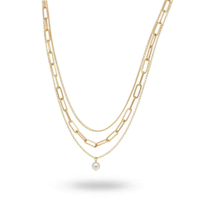 Ceyrah Three-layer Pearl Necklace Gold with pearl pendant on white background
