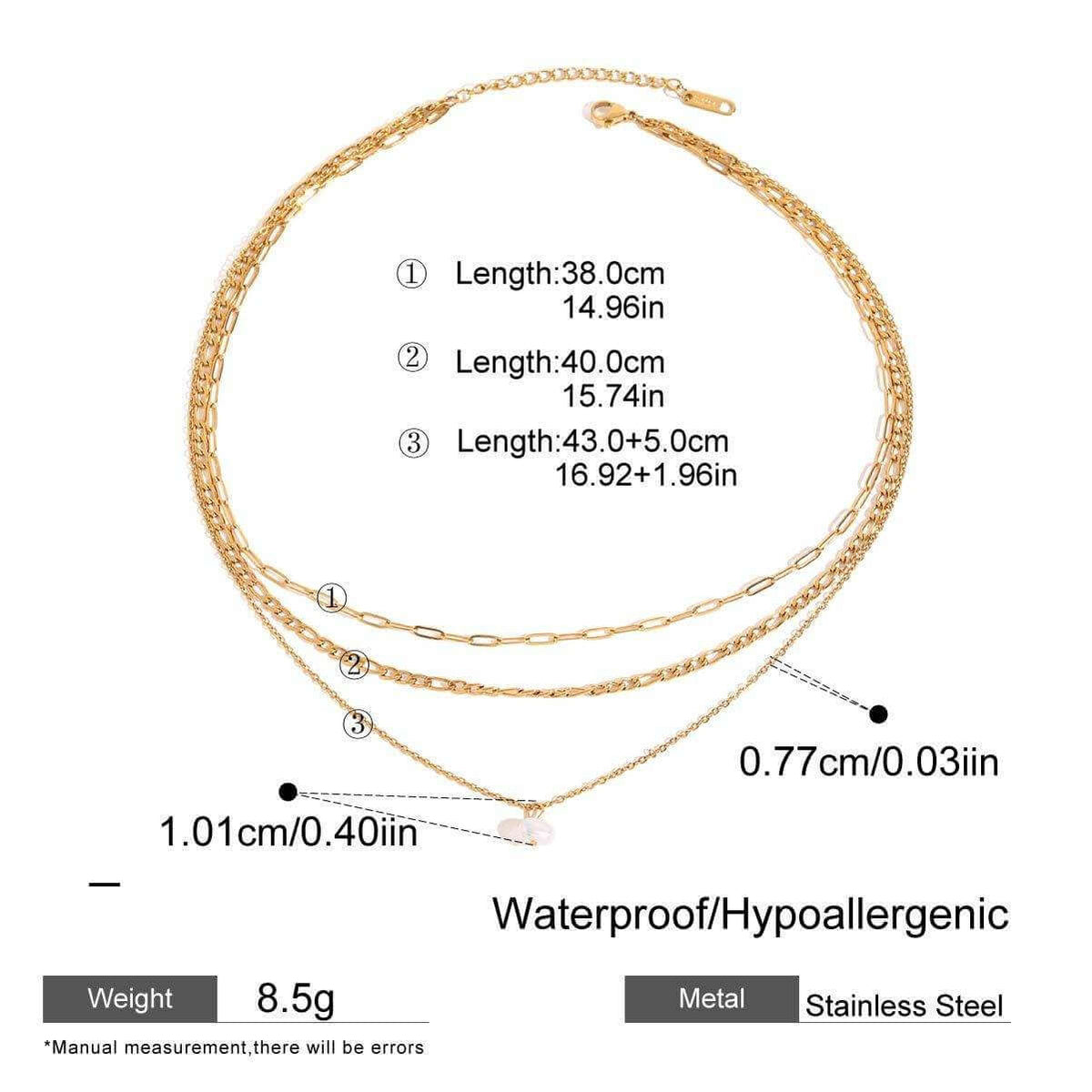Three-layer Pearl Necklace Gold with size details