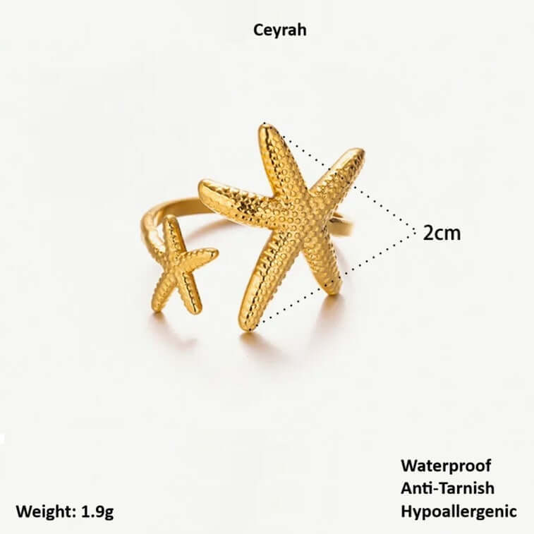 Twin Starfish Open Gold Ring with measurements and product details on a white background