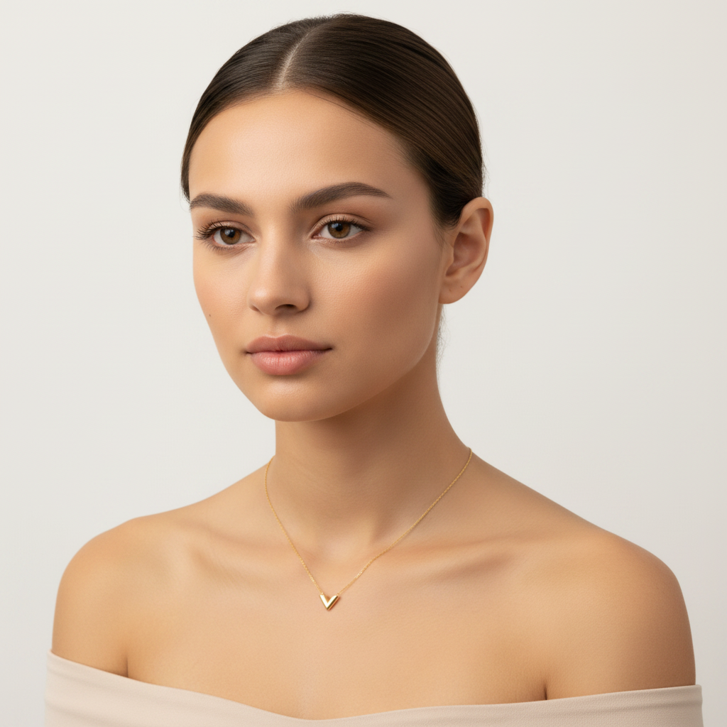 A woman with her hair pulled back wears a delicate gold necklace with a small V-shaped pendant against a light gray background.