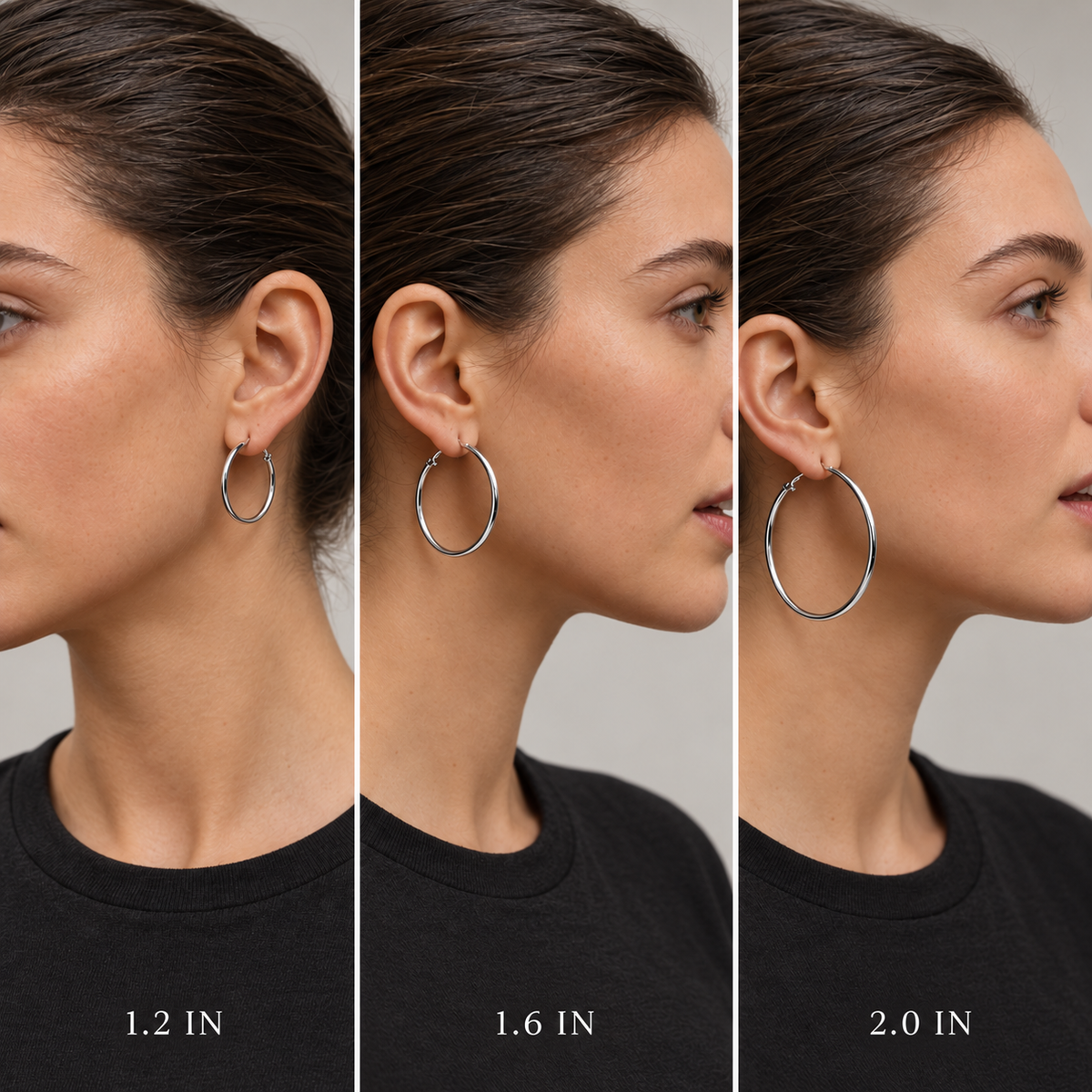 Three side-profile views of a woman wearing Waterproof Trio of Classic Hoop Earrings  in different sizes, labeled 1.2 IN, 1.