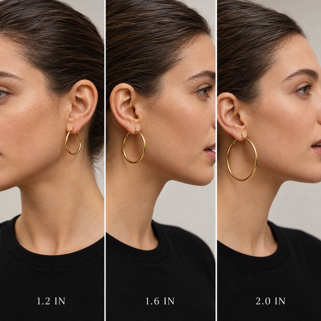 Three side-profile views of a woman wearing a Waterproof Trio of Classic Hoop Earrings, showing the earring size options labeled 1.2 IN, 1.