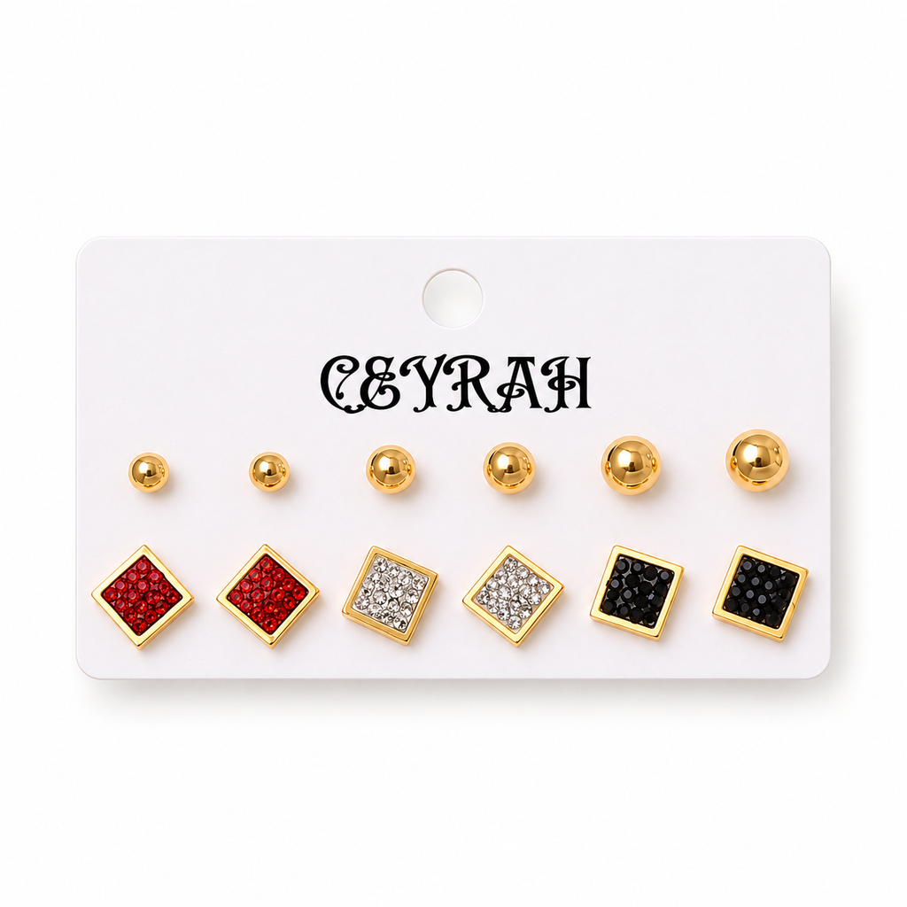 Six pairs Waterproof Gold Square Stud Earrings Set displayed on a white card labeled 'CEYRAH'. The earrings include five pairs of gold round beads and one pair of gold square studs with red, silver, white, black, and black-on-gold textured pavé backs.