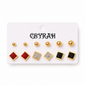 Six pairs Waterproof Gold Square Stud Earrings Set displayed on a white card labeled 'CEYRAH'. The earrings include five pairs of gold round beads and one pair of gold square studs with red, silver, white, black, and black-on-gold textured pavé backs.